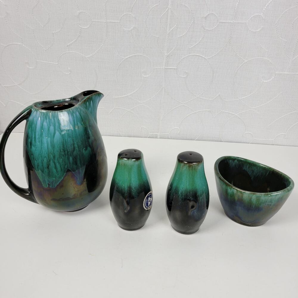 Vintage Blue Mountain Pottery Table Set Green Drip Glaze Ceramic Set of 4 - Picture 4 of 16